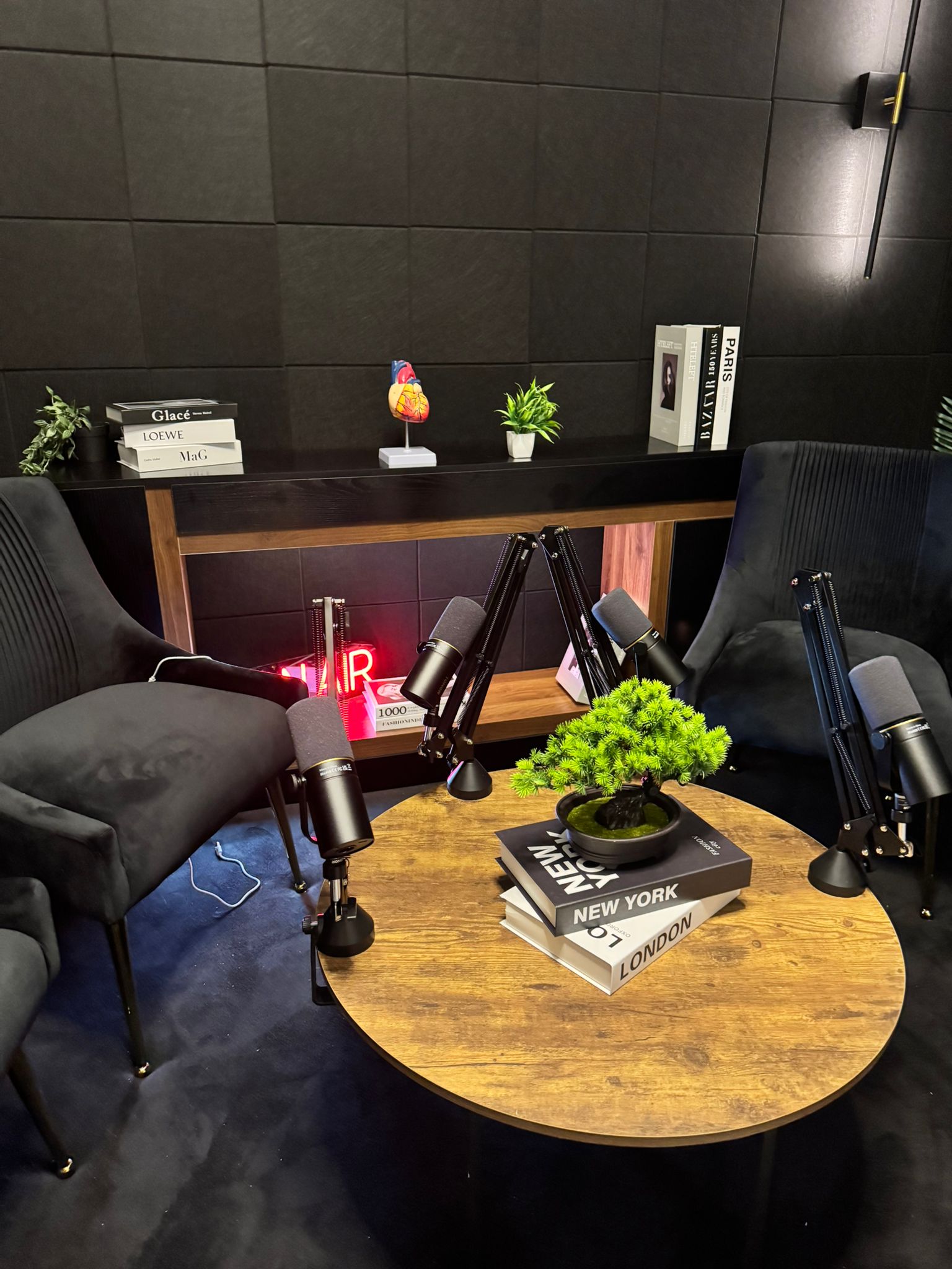 Studio 309 podcast studio set with design books and styling